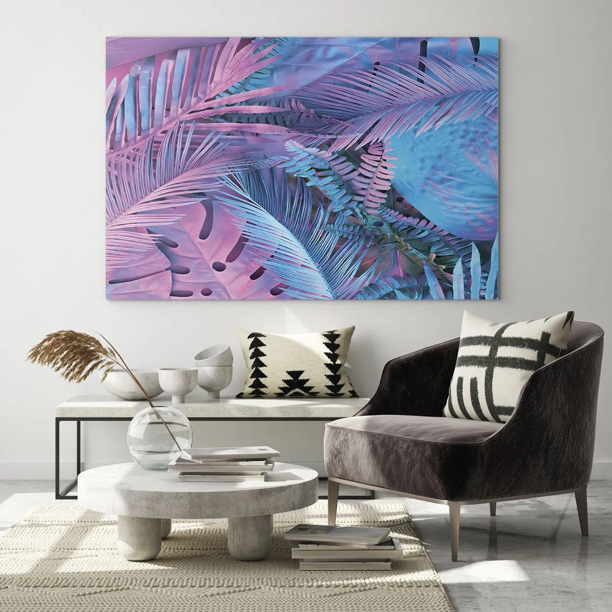Cuadro sobre vidrio - Impresiones sobre Vidrio - Hojas tropicales en tonos rosa y azul sobre un fondo neón. - 70x50cm - Trópicos en rosa y azul - Decoración de pared moderna para salón y dormitorio ARTTOR