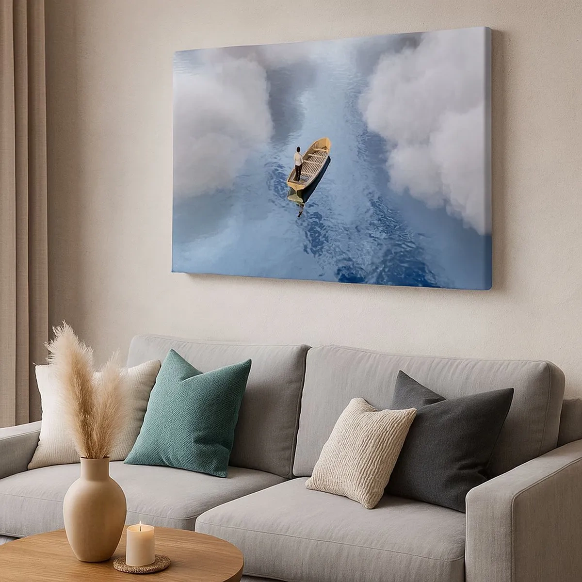 Cuadro sobre lienzo - Impresión de Imagen - Un hombre en un barco en un mar tranquilo rodeado de nubes. - 70x50cm - La vida - el viaje - lo desconocido - Decoración de pared moderna para salón y dormitorio ARTTOR
