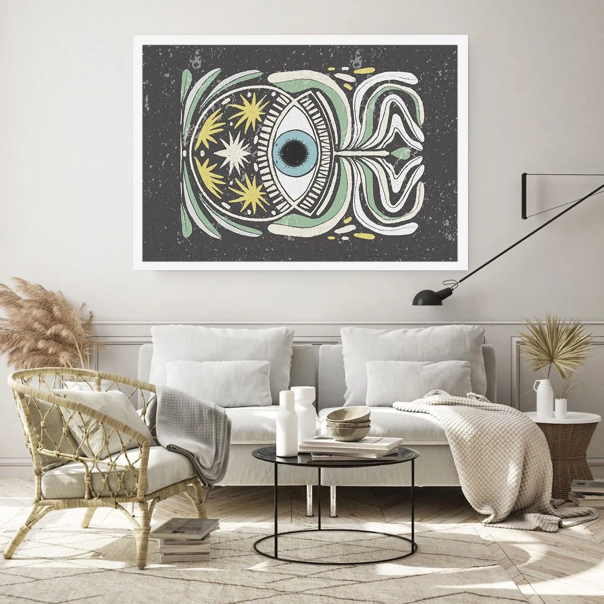 Póster - Un ojo simbólico rodeado de patrones abstractos. - 100x70cm - Rituales tribales - Decoración de pared moderna para salón y dormitorio ARTTOR