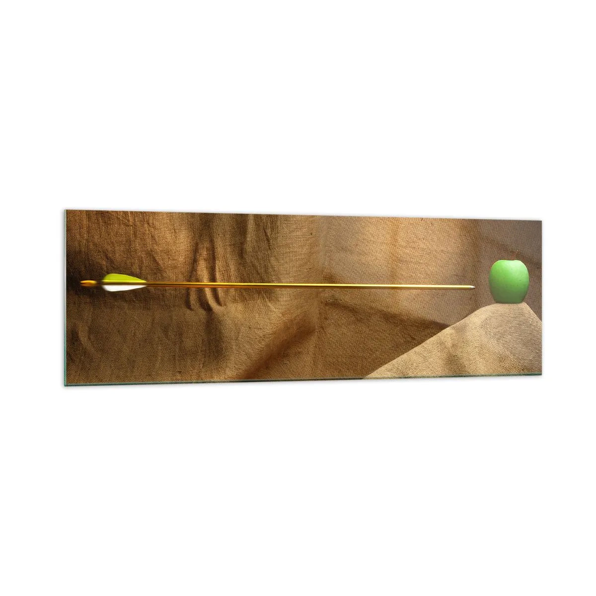 Cuadro sobre vidrio - Impresiones sobre Vidrio - Manzana verde sobre tela con una flecha creando una composición - 160x50cm - Evocar el espíritu de Wilhelm Tell - Decoración de pared moderna para salón y dormitorio ARTTOR