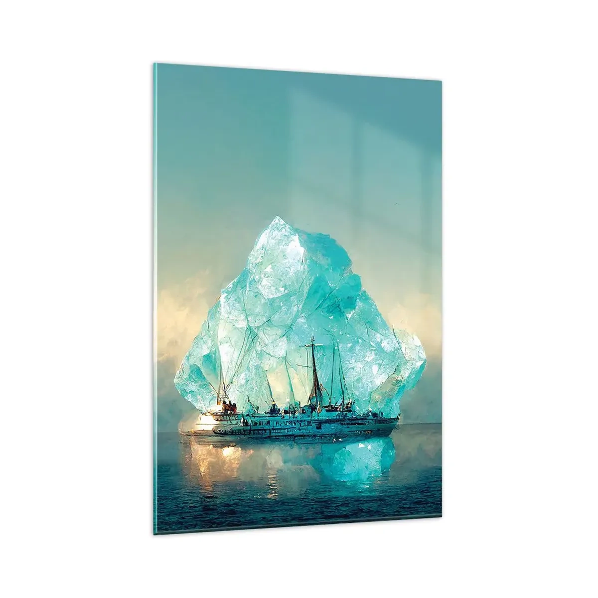 Cuadro sobre vidrio - Impresiones sobre Vidrio - Un barco con un majestuoso iceberg al fondo. - 80x120cm - Diamante ártico - Decoración de pared moderna para salón y dormitorio ARTTOR