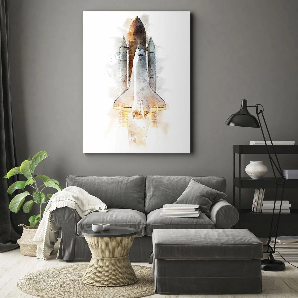 Cuadro sobre lienzo - Impresión de Imagen - Una interpretación artística en acuarela de un transbordador espacial despegando. - 50x70cm - El comienzo de la exploración - Decoración de pared moderna para salón y dormitorio ARTTOR