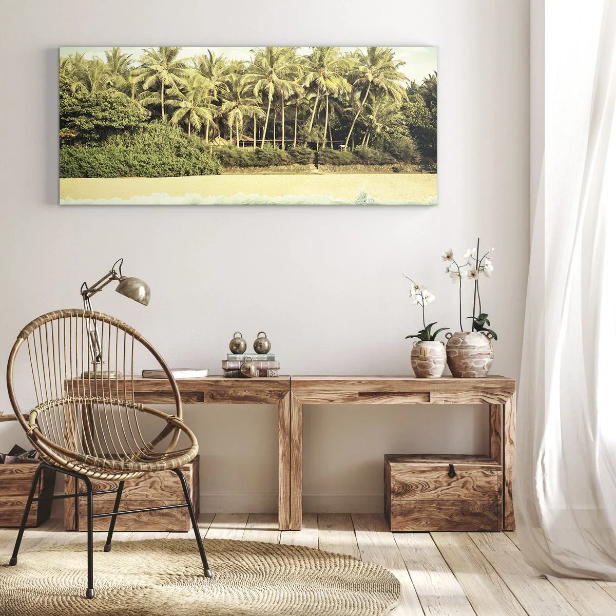 Cuadro sobre lienzo - Impresión de Imagen - Playa tropical con palmeras y mar turquesa. - 140x50cm - ¿Qué tal aquí? - Decoración de pared moderna para salón y dormitorio ARTTOR