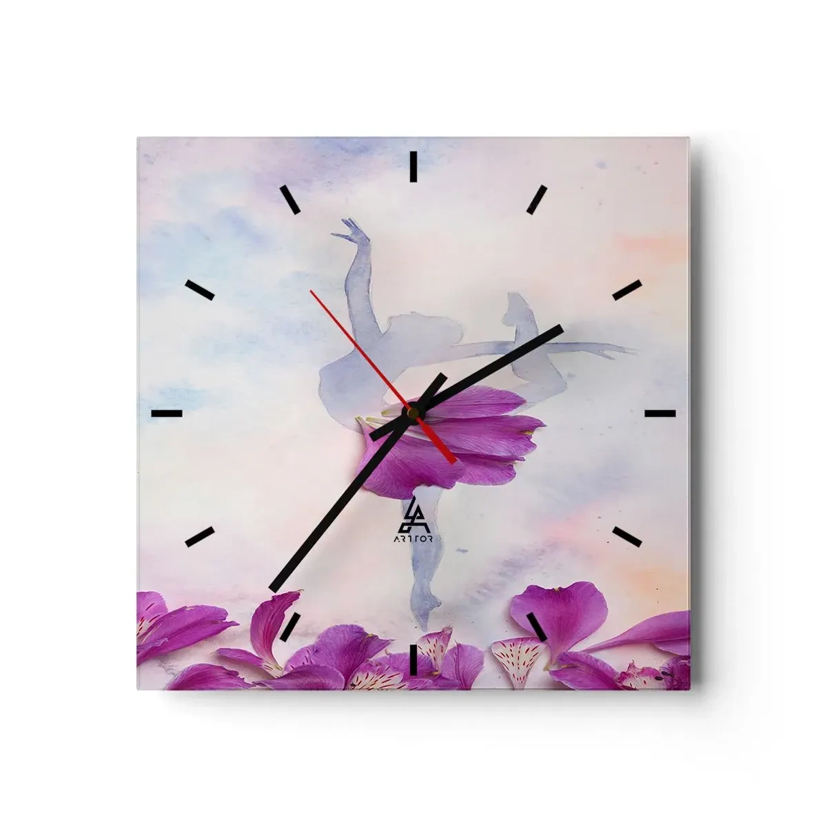 Reloj de pared - Reloj de vidrio - Una bailarina con un vestido de pétalos de flores sobre un fondo pastel. - 30x30cm - Suave como una flor - Decoración de pared moderna para salón y dormitorio ARTTOR