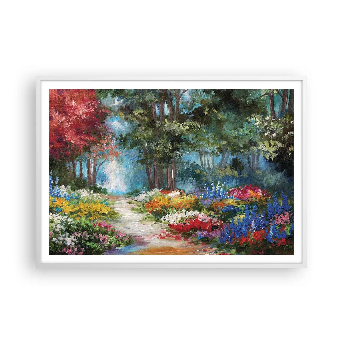 Póster en marco blanco - Jardín forestal, bosque floral - 100x70 cm
