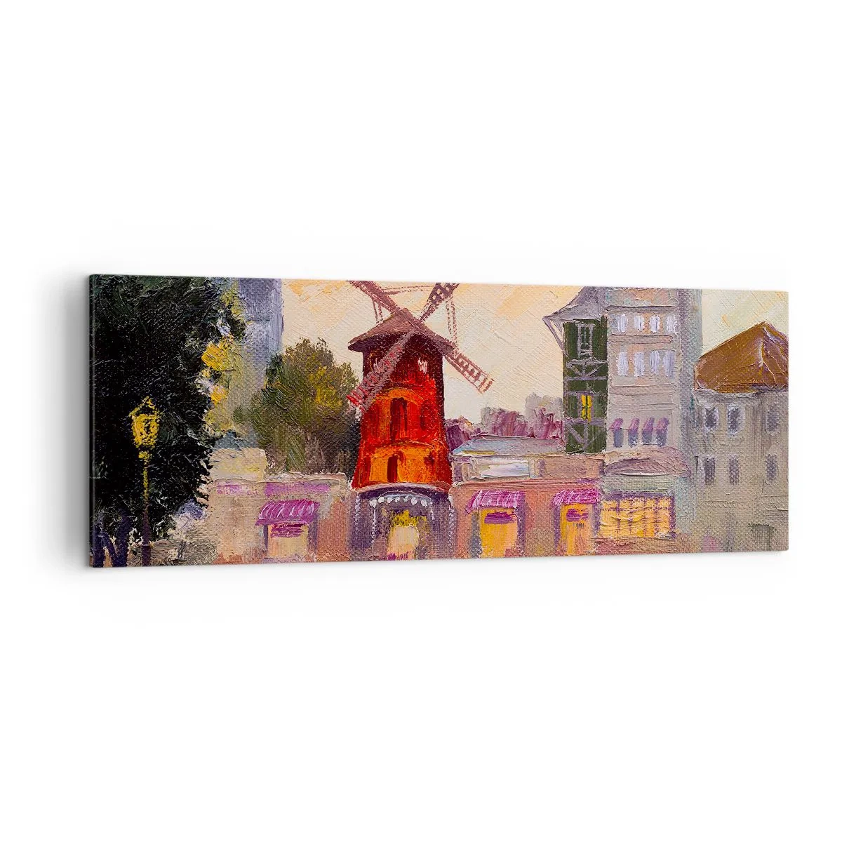 Cuadro sobre lienzo - Impresión de Imagen - El molino de viento rojo del Moulin Rouge rodeado del paisaje urbano - 140x50cm - Iconos parisinos - Moulin Rouge - Decoración de pared moderna para salón y dormitorio ARTTOR