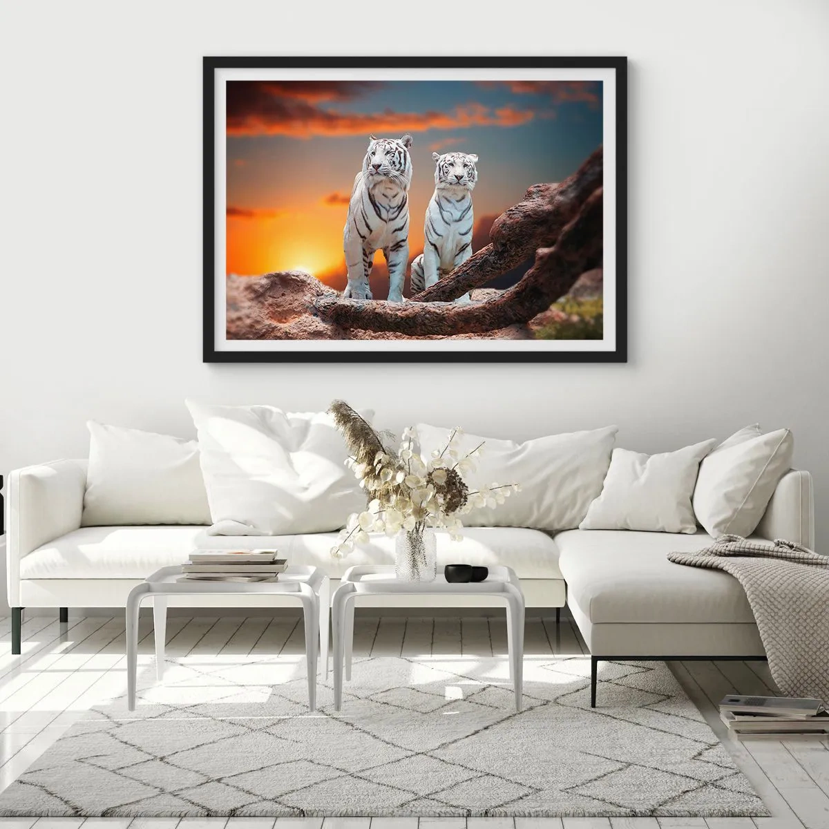 Póster en marco negro - Tigres blancos al atardecer con la naturaleza como telón de fondo - 100x70cm - Como en Narnia - Decoración de pared moderna para salón y dormitorio ARTTOR