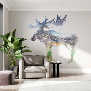Fotomural Premium Canvas - Silueta de acuarela de un alce con un paisaje montañoso. - 100x70cm - El héroe de un cuento de invierno - Decoración de pared moderna para salón y dormitorio ARTTOR