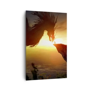 Cuadro sobre lienzo - Impresión de Imagen - Un dragón y un hombre en una roca bajo el resplandor del sol poniente. - 80x120cm - Cazador de dragones - Decoración de pared moderna para salón y dormitorio ARTTOR