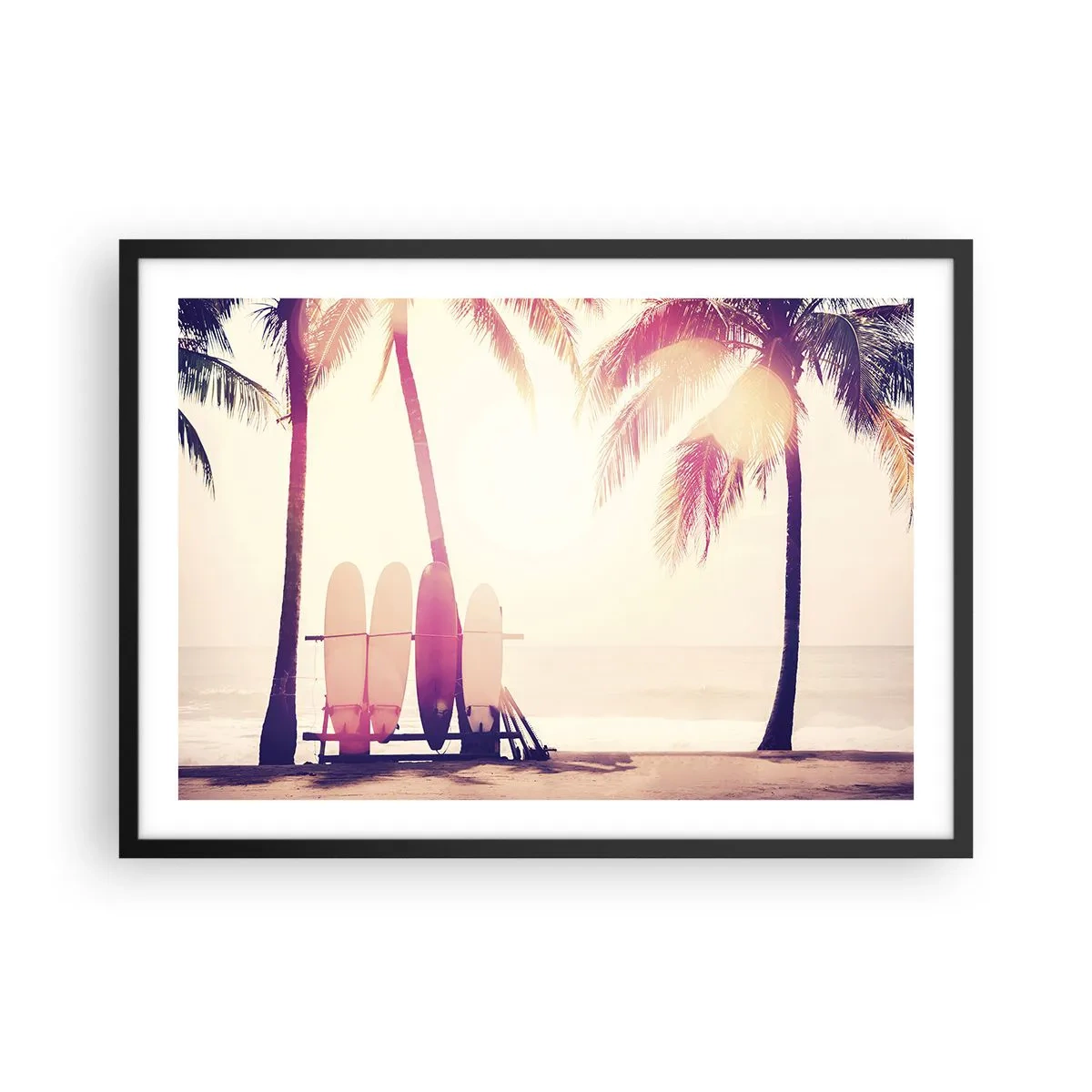 Póster en marco negro - Palmeras y tablas de surf en la playa bajo el sol. - 70x50cm - Va a ser un gran día - Decoración de pared moderna para salón y dormitorio ARTTOR