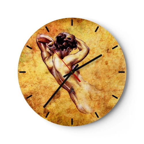 Reloj de pared - Reloj de vidrio - Un motivo artístico de una silueta femenina sobre un fondo en tonos dorados. - 30x30cm - Revelado, pero todavía un misterio - Decoración de pared moderna para salón, cocina y dormitorio ARTTOR