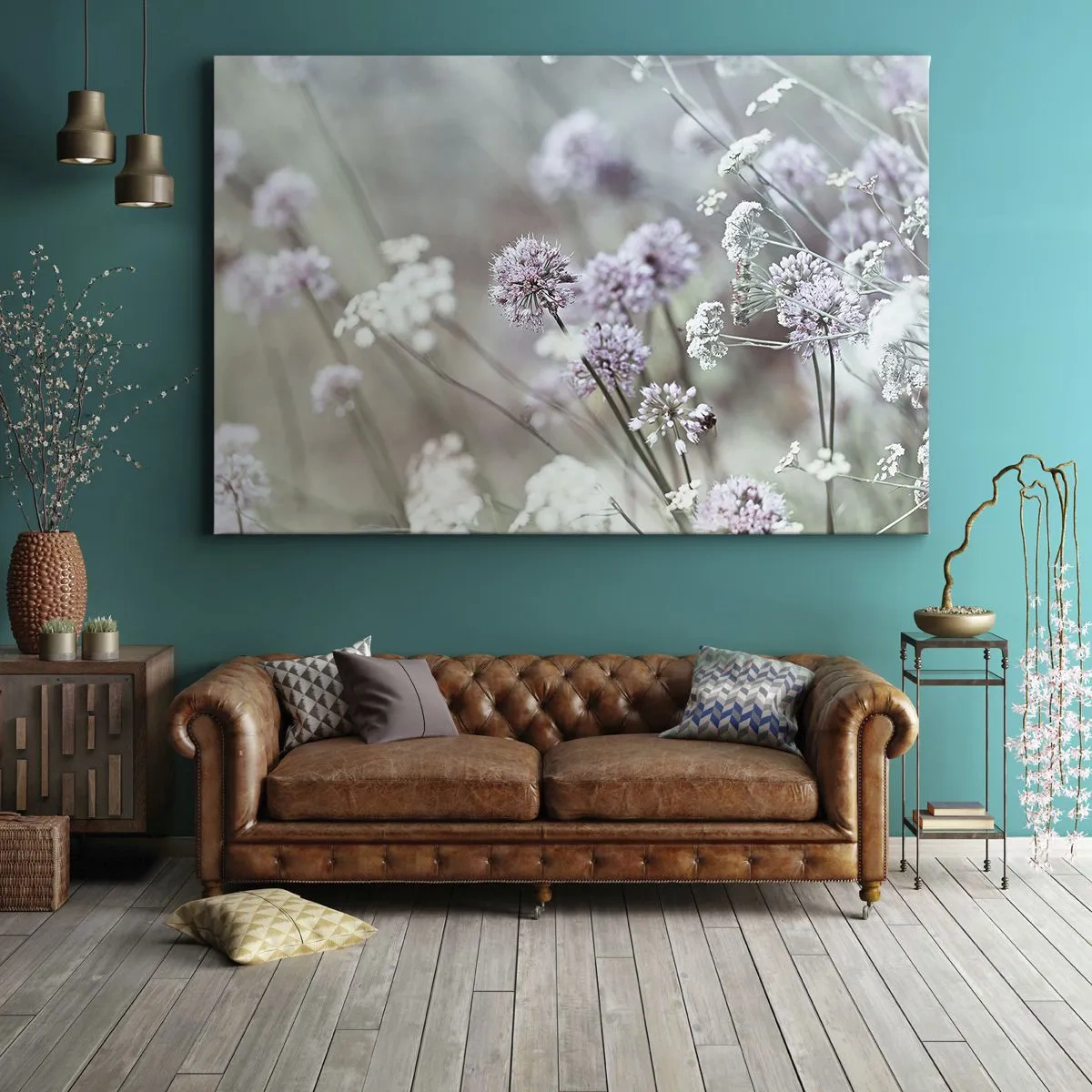 Cuadro sobre lienzo - Impresión de Imagen - Delicadas flores en tonos pastel. - 70x50cm - Dulces filigranas de hierbas - Decoración de pared moderna para salón y dormitorio ARTTOR