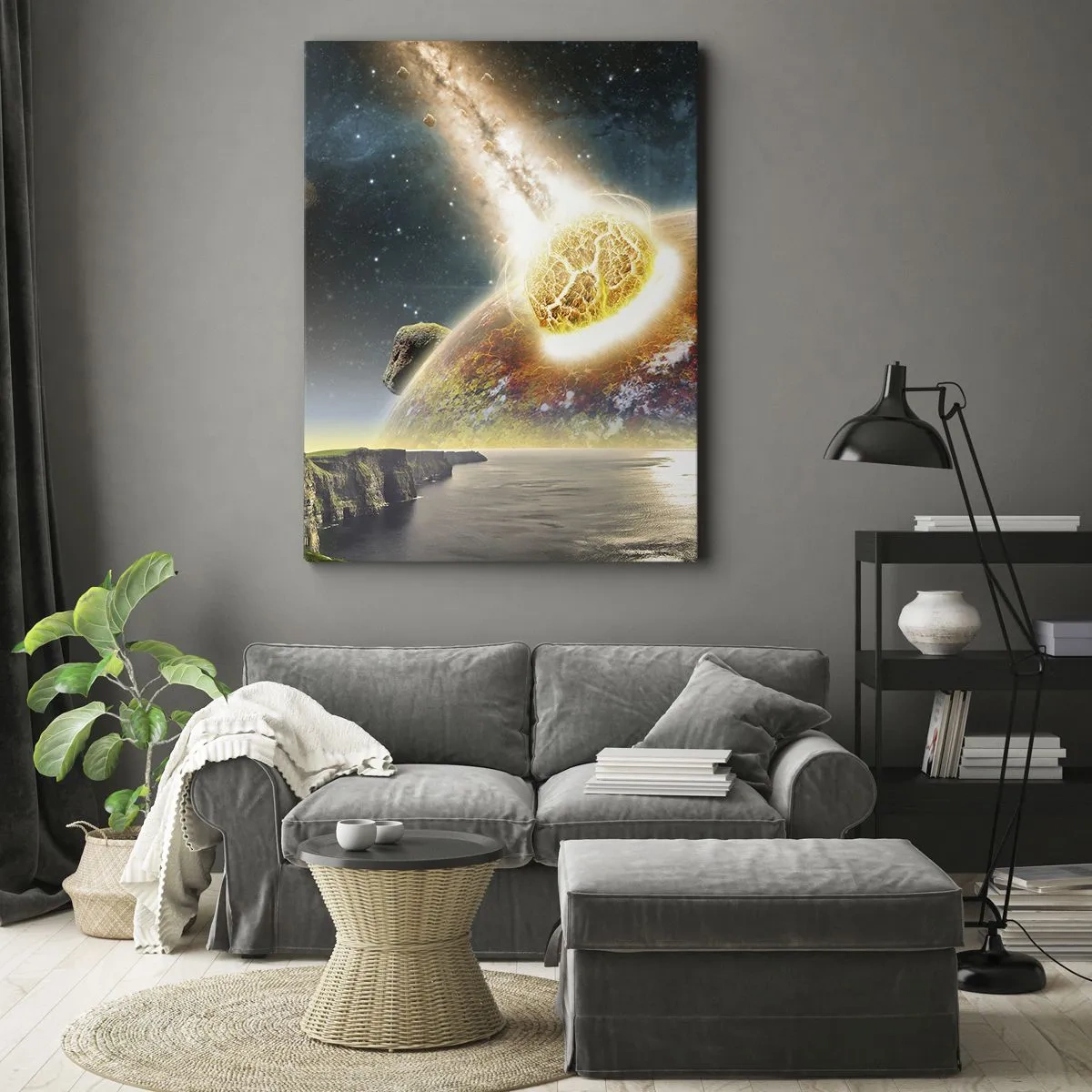 Cuadro sobre lienzo - Impresión de Imagen - Un meteorito choca con un planeta en un paisaje cósmico. - 50x70cm - Drama cósmico - Decoración de pared moderna para salón y dormitorio ARTTOR