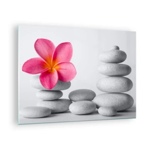 Cuadro sobre vidrio - Impresiones sobre Vidrio - Una flor rosa contra un montón de piedras blancas. - 70x50cm - Piedra sobre piedra, y sobre esta piedra.... - Decoración de pared moderna para salón y dormitorio ARTTOR