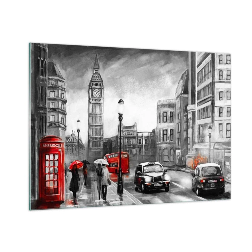 Cuadro sobre vidrio - Impresiones sobre Vidrio - El Big Ben y las calles de Londres con acentos rojos sobre un fondo gris - 100x70cm - No tan gris como la pintan - Decoración de pared moderna para salón y dormitorio ARTTOR