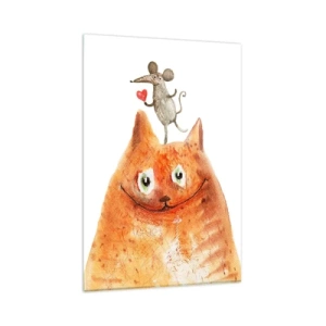 Cuadro sobre vidrio - Impresiones sobre Vidrio - Un dibujo de un gato con un ratón en la cabeza sosteniendo un corazón. - 80x120cm - Paradojas del amor - Decoración de pared moderna para salón y dormitorio ARTTOR