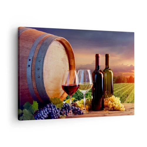 Cuadro sobre lienzo - Impresión de Imagen - Vino, copas y un barril en un paisaje pintoresco. - 70x50cm - Aquí la vida tiene un sabor - Decoración de pared moderna para salón y dormitorio ARTTOR