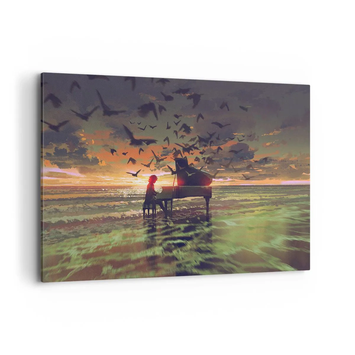 Cuadro sobre lienzo - Impresión de Imagen - Un piano en la orilla del mar al atardecer con pájaros. - 120x80cm - Concierto de piano y olas - Decoración de pared moderna para salón y dormitorio ARTTOR