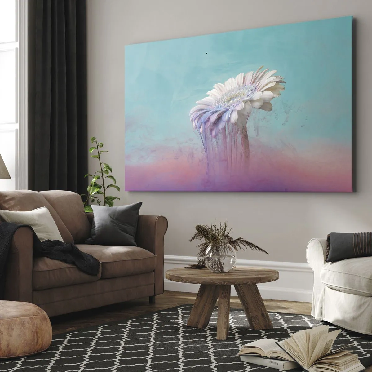 Cuadro sobre lienzo - Impresión de Imagen - Gerbera pastel con efecto difuminado - 70x50cm - El inframundo de las flores - Decoración de pared moderna para salón y dormitorio ARTTOR