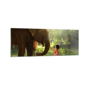Cuadro sobre vidrio - Impresiones sobre Vidrio - Una niña con un vestido rojo tocando un elefante en el bosque. - 140x50cm - El poder de la amistad - Decoración de pared moderna para salón y dormitorio ARTTOR