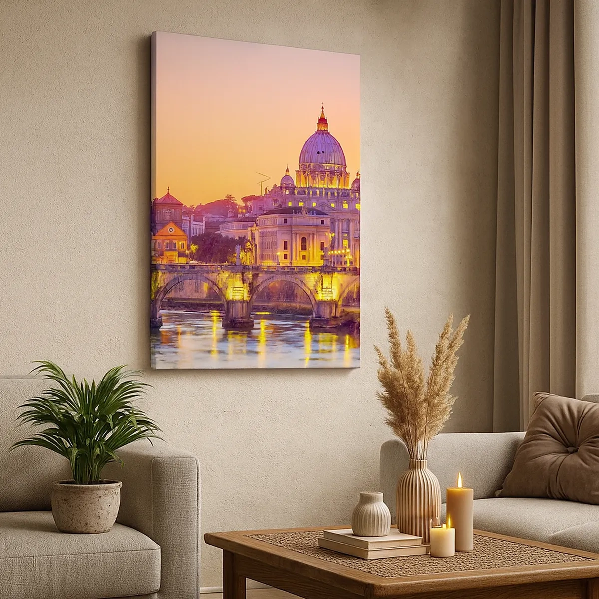 Cuadro sobre lienzo - Impresión de Imagen - Panorama del Vaticano al atardecer con un puente sobre el río - 50x70cm - Crepúsculo sobre la Ciudad Eterna - Decoración de pared moderna para salón y dormitorio ARTTOR