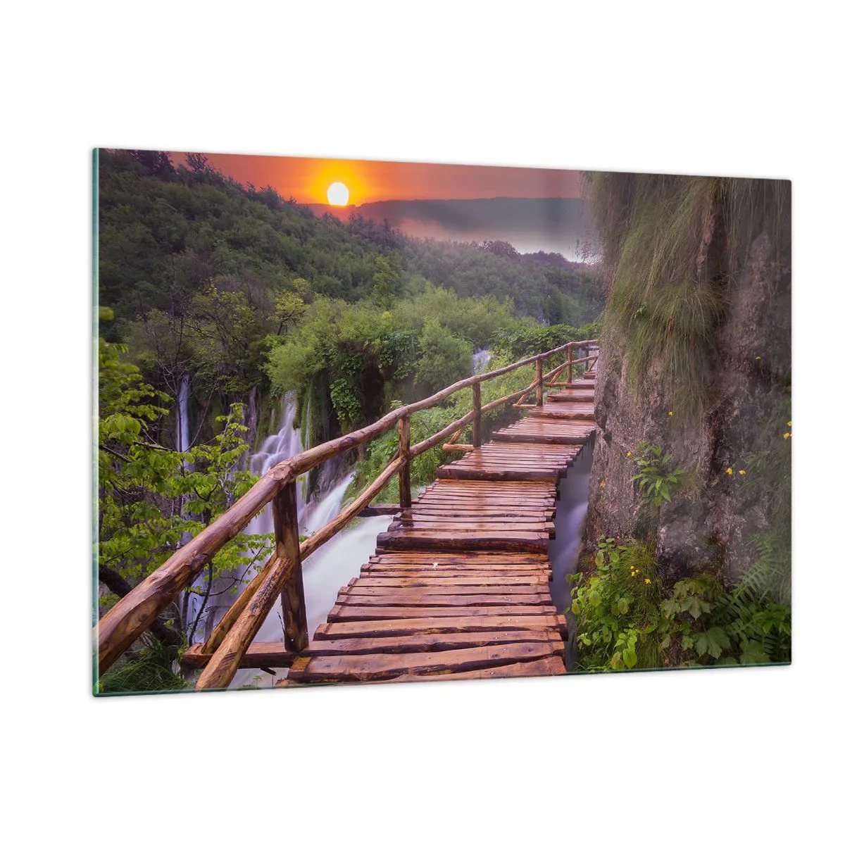 Cuadro sobre vidrio - Impresiones sobre Vidrio - Un camino de madera entre la vegetación al atardecer. - 120x80cm - Una belleza inimaginable - Decoración de pared moderna para salón y dormitorio ARTTOR