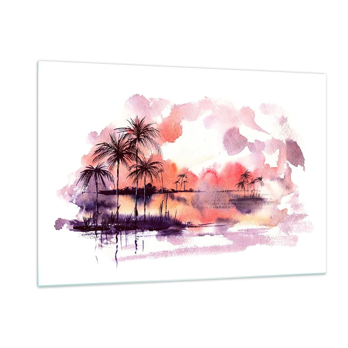 Cuadro sobre vidrio - Impresiones sobre Vidrio - Paisaje tropical al atardecer en acuarela - 120x80cm - La calma de los trópicos en rojo - Decoración de pared moderna para salón y dormitorio ARTTOR
