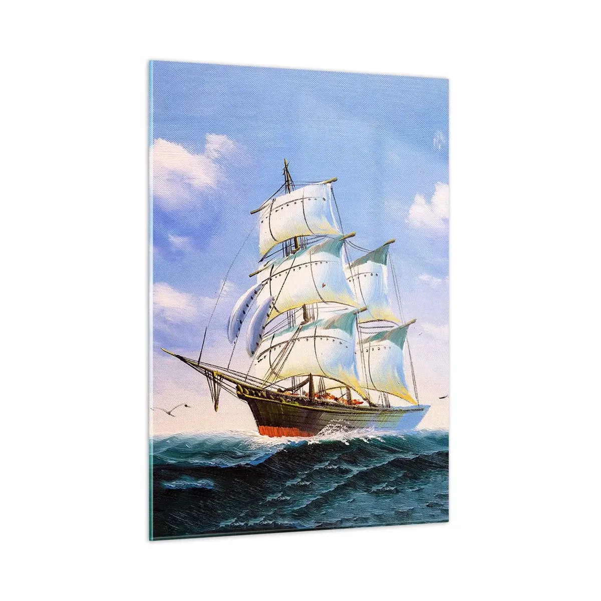 Cuadro sobre vidrio - Impresiones sobre Vidrio - Un velero en alta mar bajo un cielo azul. - 50x70cm - Orgulloso con el viento - Decoración de pared moderna para salón y dormitorio ARTTOR