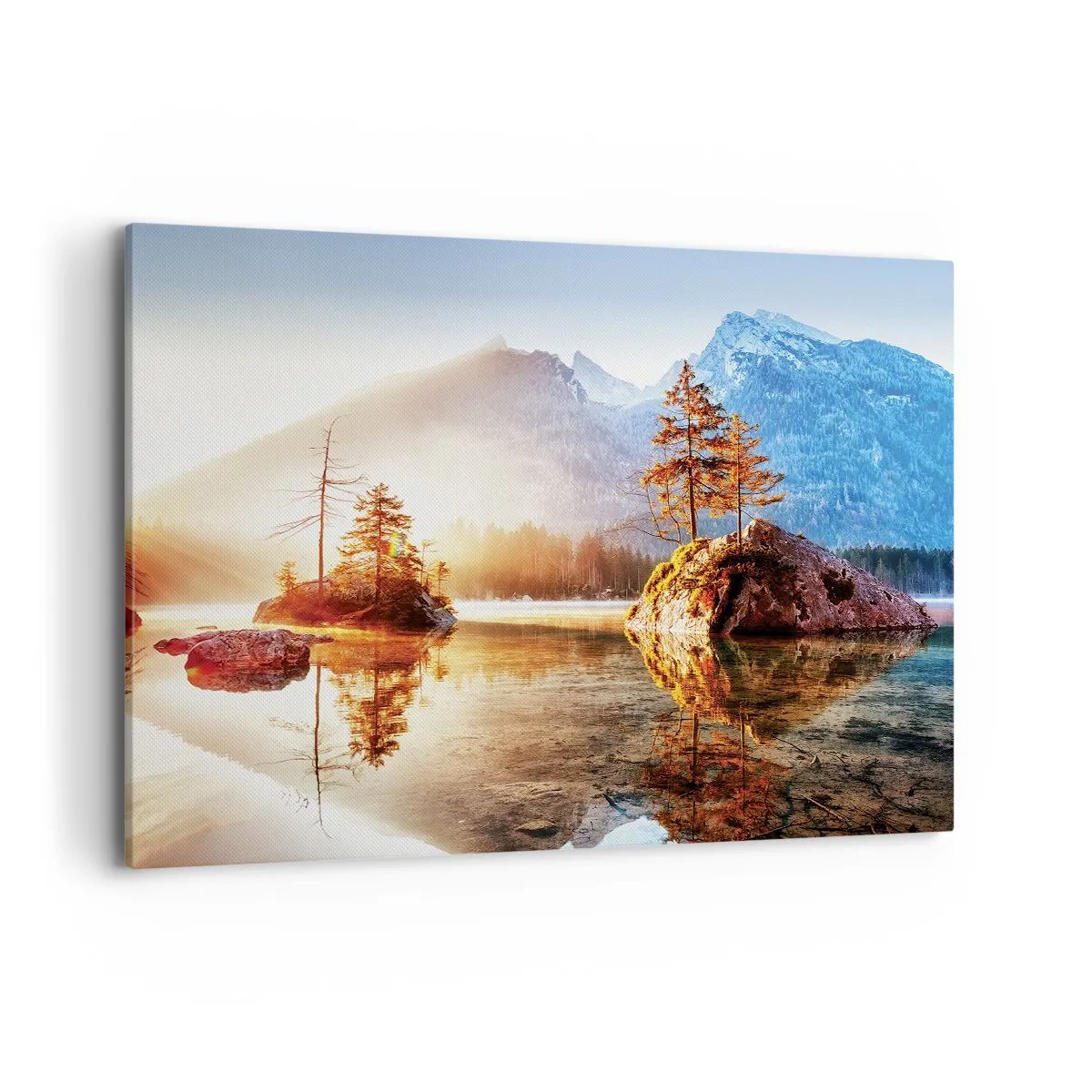 Cuadro sobre lienzo - Impresión de Imagen - Un lago con islas y montañas al fondo al amanecer. - 100x70cm - La naturaleza bajo la luz - Decoración de pared moderna para salón y dormitorio ARTTOR