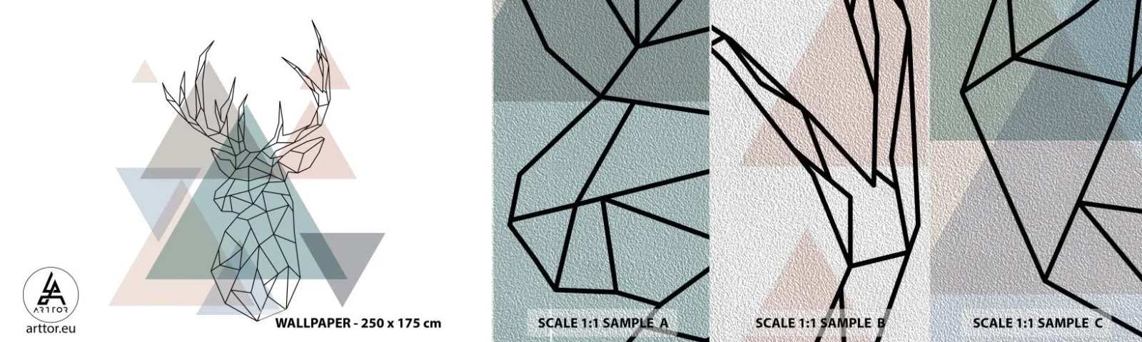 Muestra de fotomural Premium Sand - En un bosque geométrico - Abstracción, Ciervo, Gráficos - 100x30 cm