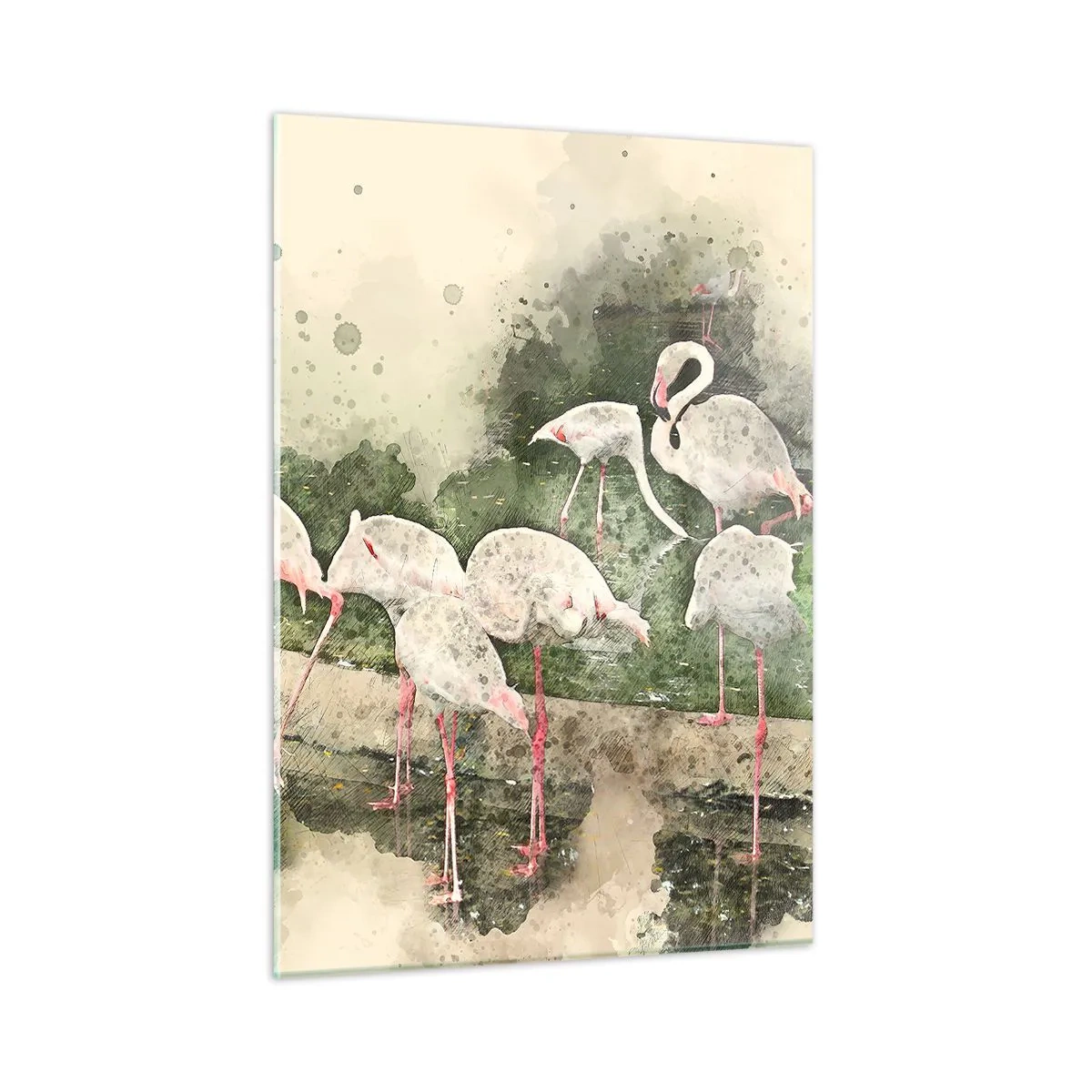 Cuadro sobre vidrio - Impresiones sobre Vidrio - Flamencos sobre el fondo de una composición de acuarela. - 50x70cm - Un sueño exótico - Decoración de pared moderna para salón y dormitorio ARTTOR