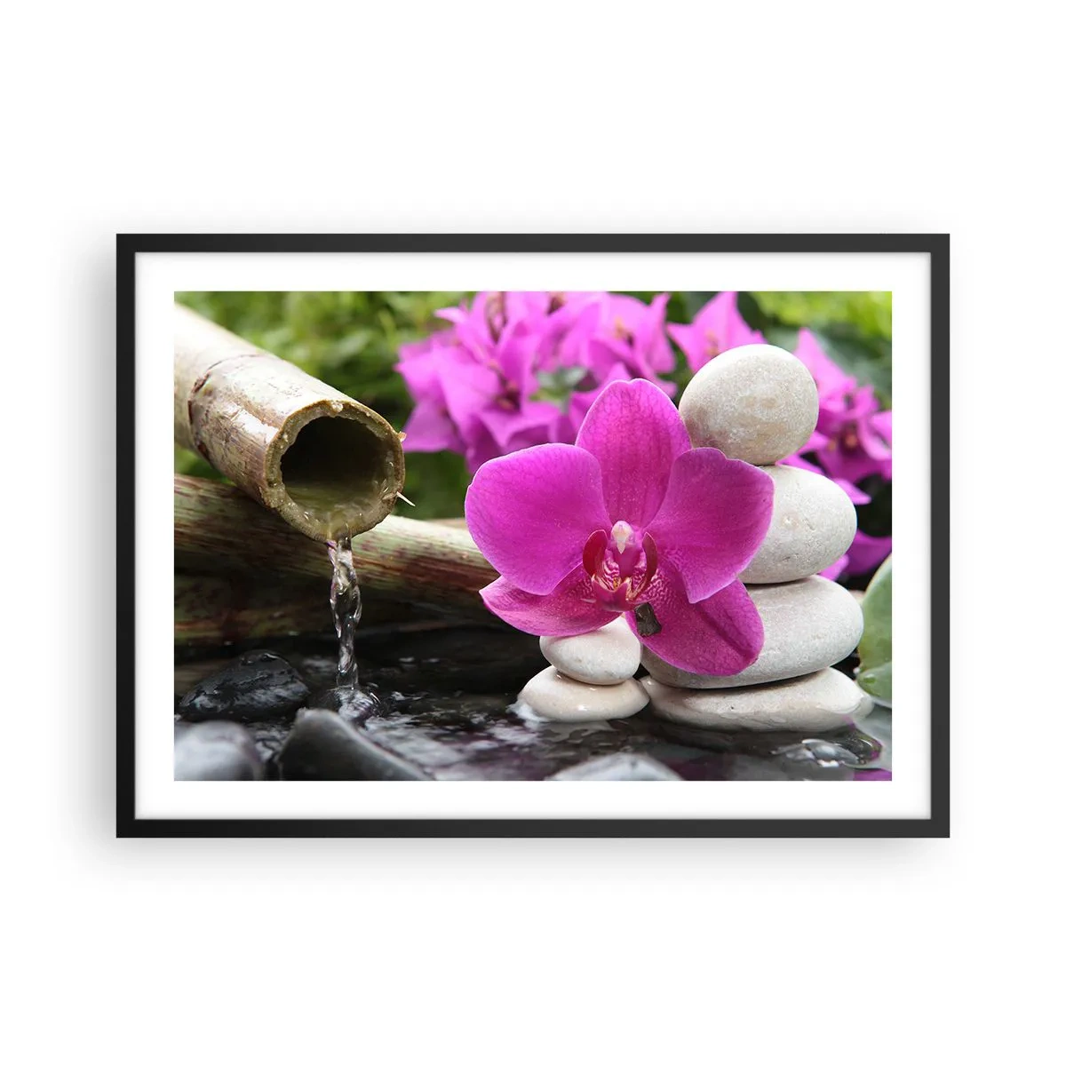 Póster en marco negro - Orquídea morada, piedras y bambú con agua en un entorno relajante. - 70x50cm - Ya estás descansando - Decoración de pared moderna para salón y dormitorio ARTTOR