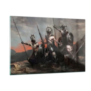 Cuadro sobre vidrio - Impresiones sobre Vidrio - Guerreros con lanzas y escudos contra el cielo rojo. - 120x80cm - Escudo con escudo - Decoración de pared moderna para salón y dormitorio ARTTOR