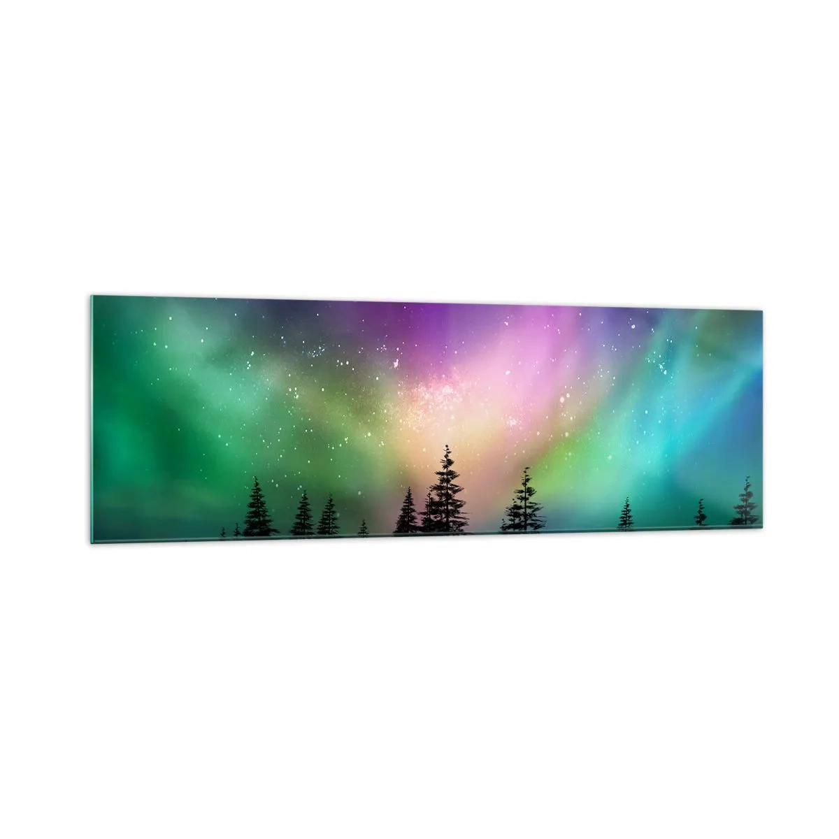 Cuadro sobre vidrio - Impresiones sobre Vidrio - Aurora boreal sobre un bosque con cielo estrellado - 160x50cm - Magia blanca - Decoración de pared moderna para salón y dormitorio ARTTOR