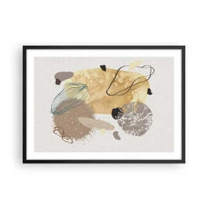 Póster en marco negro - Una composición de formas abstractas en beige y amarillo. - 70x50cm - Plumología aplicada - Decoración de pared moderna para salón y dormitorio ARTTOR