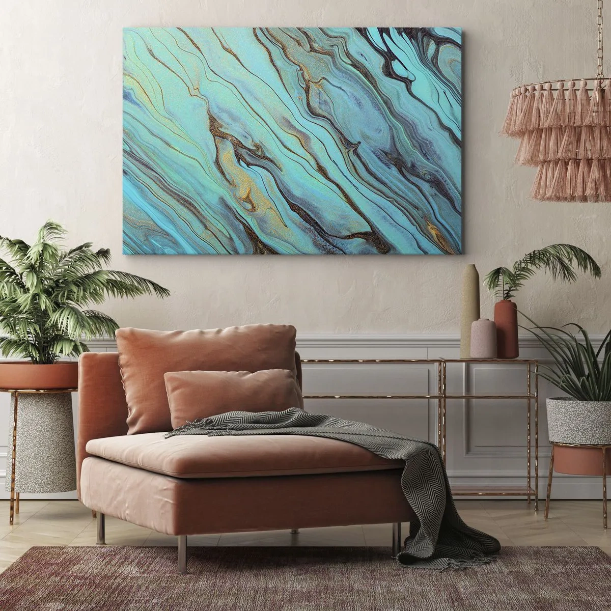 Cuadro sobre lienzo - Impresión de Imagen - Ondas abstractas en tonos turquesa y dorado - 70x50cm - Marea turquesa - Decoración de pared moderna para salón y dormitorio ARTTOR