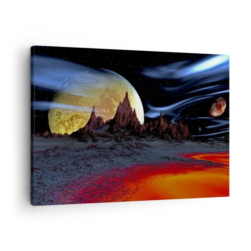 Cuadro sobre lienzo - Impresión de Imagen - Un paisaje fantástico con planetas y paisajes volcánicos. - 70x50cm - Mundo desconocido - Decoración de pared moderna para salón y dormitorio ARTTOR