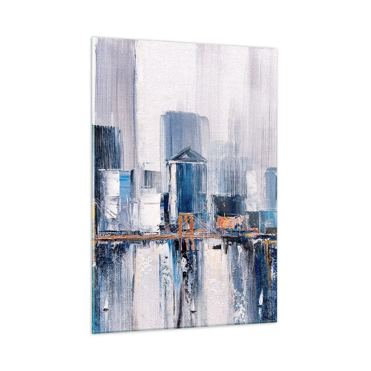 Cuadro sobre vidrio - Impresiones sobre Vidrio - Panorama abstracto de la ciudad con rascacielos y un puente en colores fríos - 50x70cm - Impresión neoyorquina - Decoración de pared moderna para salón y dormitorio ARTTOR