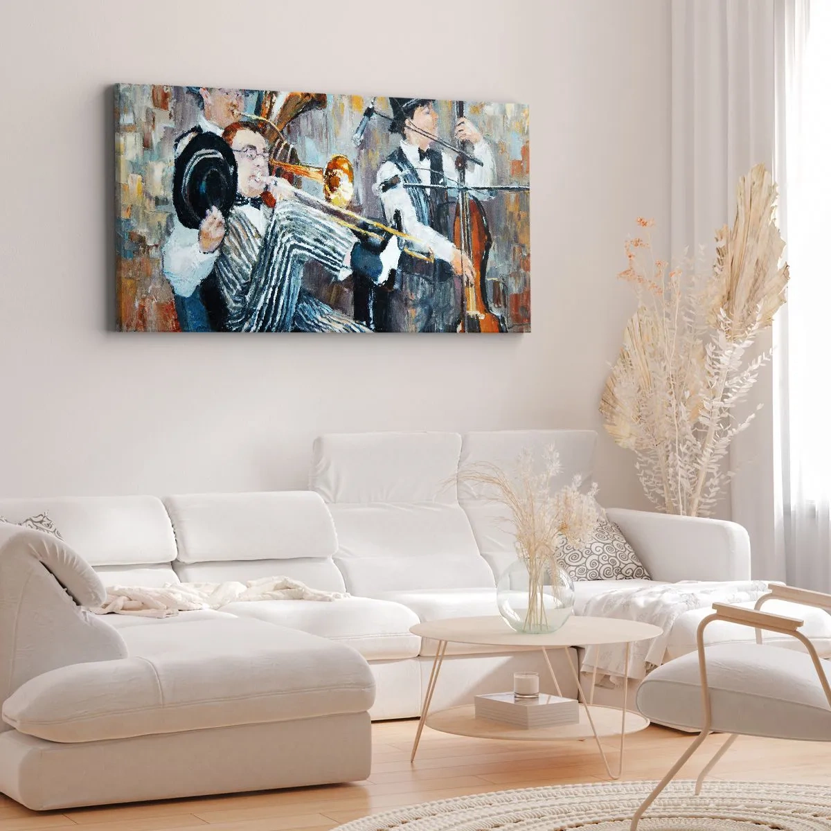 Cuadro sobre lienzo - Impresión de Imagen - Músicos de jazz en estilo pictórico durante un concierto. - 120x50cm - Todo ese jazz - Decoración de pared moderna para salón y dormitorio ARTTOR