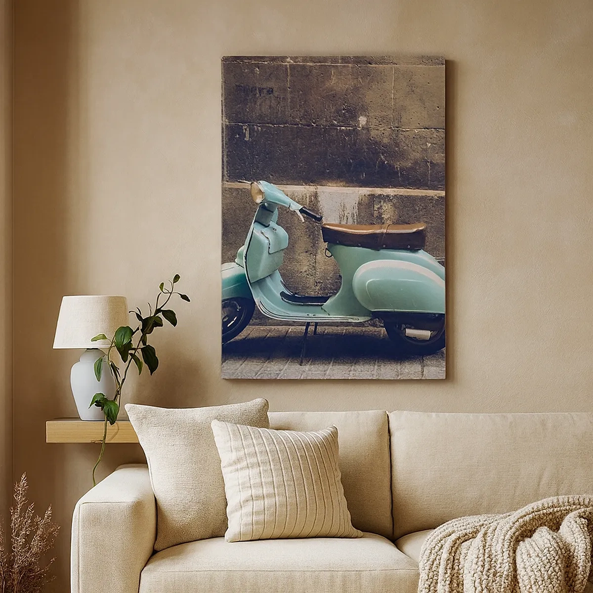 Cuadro sobre lienzo - Impresión de Imagen - Un scooter retro estacionado contra un muro de piedra. - 50x70cm - Momentos inolvidables - Decoración de pared moderna para salón y dormitorio ARTTOR