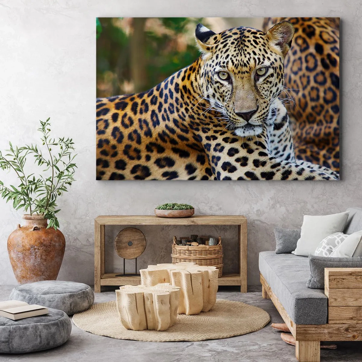 Cuadro sobre lienzo - Impresión de Imagen - Jaguar descansando en un entorno natural con fondo verde. - 100x70cm - Salvaje y tranquilo - Decoración de pared moderna para salón y dormitorio ARTTOR