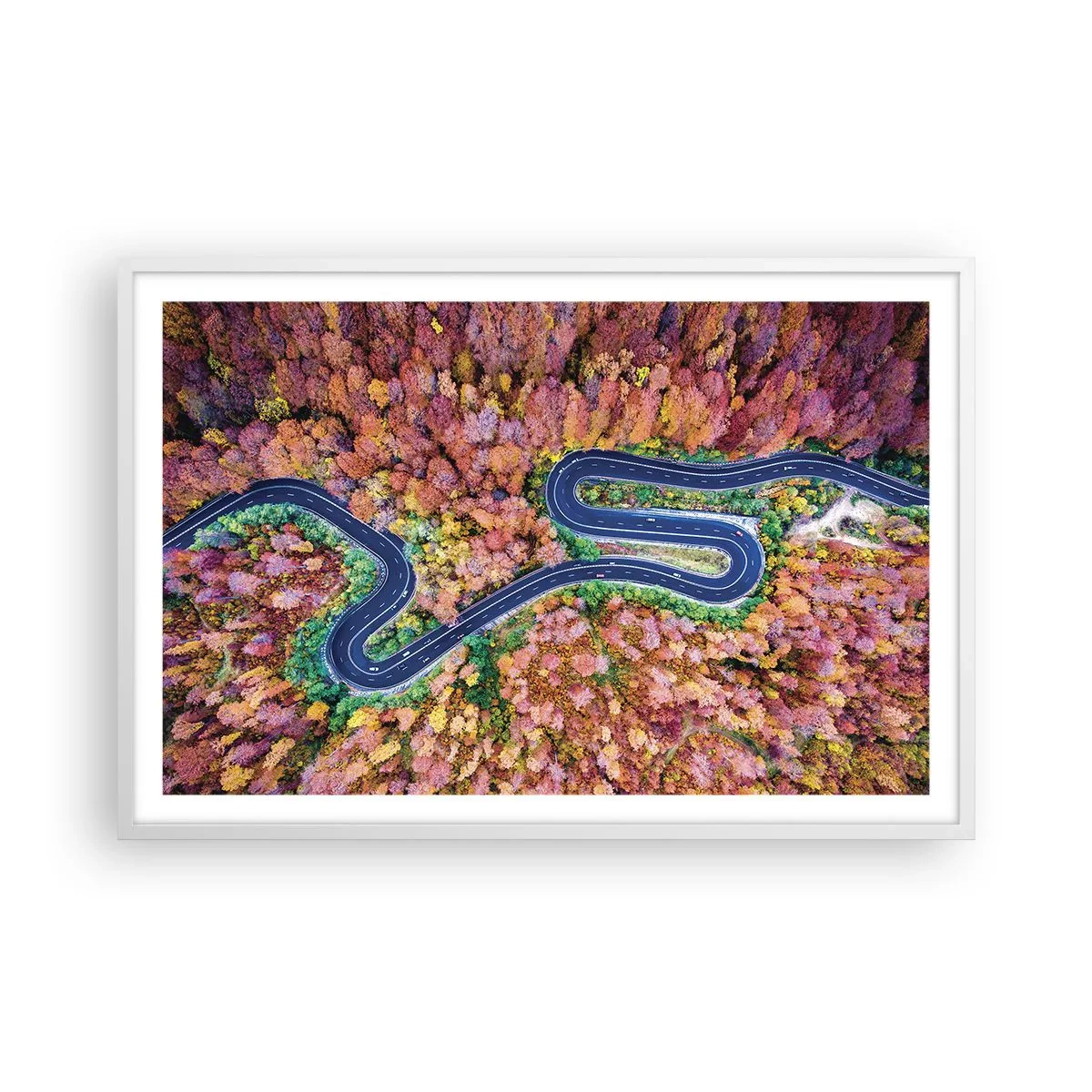 Póster en marco blanco - Un camino sinuoso a través del bosque - 91x61 cm