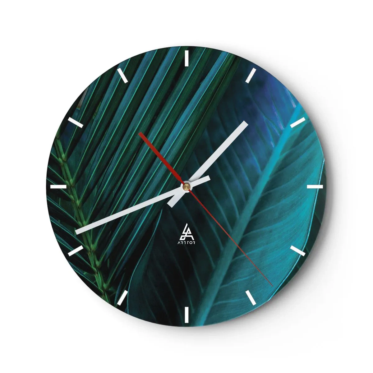 Reloj de pared - Reloj de vidrio - Un primer plano de hojas tropicales en tonos verdes y turquesas. - 30x30cm - Anatomía del verde - Decoración de pared moderna para salón, cocina y dormitorio ARTTOR
