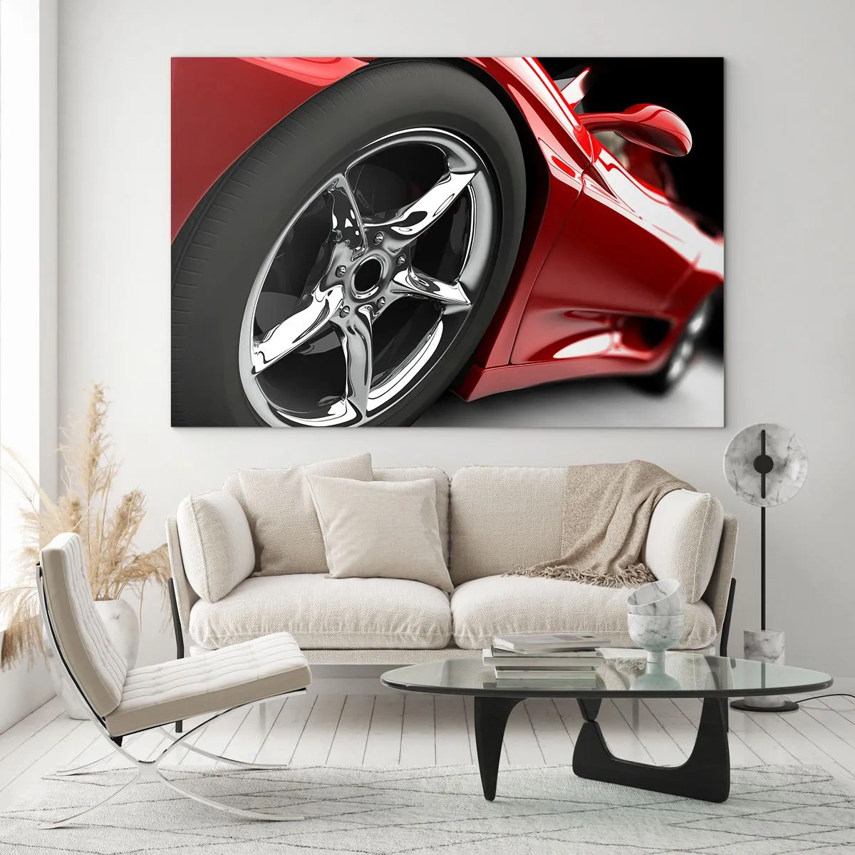 Cuadro sobre vidrio - Impresiones sobre Vidrio - Detalle de un coche deportivo rojo con llanta cromada. - 100x70cm - Creado para la velocidad - Decoración de pared moderna para salón y dormitorio ARTTOR