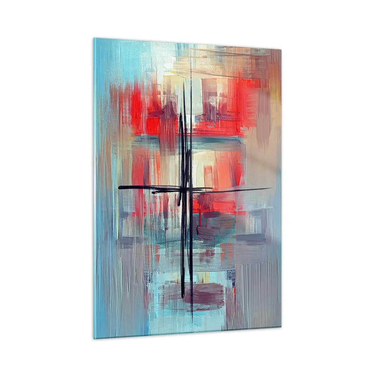 Cuadro sobre vidrio - Impresiones sobre Vidrio - Una abstracción colorida con rojo y azul, inspirada en un paisaje. - 50x70cm - Paisaje en una dimensión desconocida - Decoración de pared moderna para salón y dormitorio ARTTOR