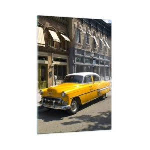 Cuadro sobre vidrio - Impresiones sobre Vidrio - Un taxi amarillo con el telón de fondo de una casa de vecindad clásica. - 50x70cm - Érase una vez en América - Decoración de pared moderna para salón y dormitorio ARTTOR