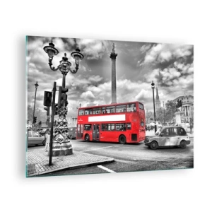 Cuadro sobre vidrio - Impresiones sobre Vidrio - Un autobús rojo contra un paisaje urbano en blanco y negro - 70x50cm - El verdadero torrente sanguíneo de la ciudad - Decoración de pared moderna para salón y dormitorio ARTTOR
