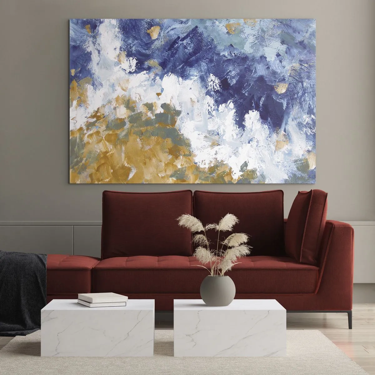 Cuadro sobre vidrio - Impresiones sobre Vidrio - Trazos de pintura abstracta en azul, blanco y dorado. - 70x50cm - Danza de los elementos - Decoración de pared moderna para salón y dormitorio ARTTOR
