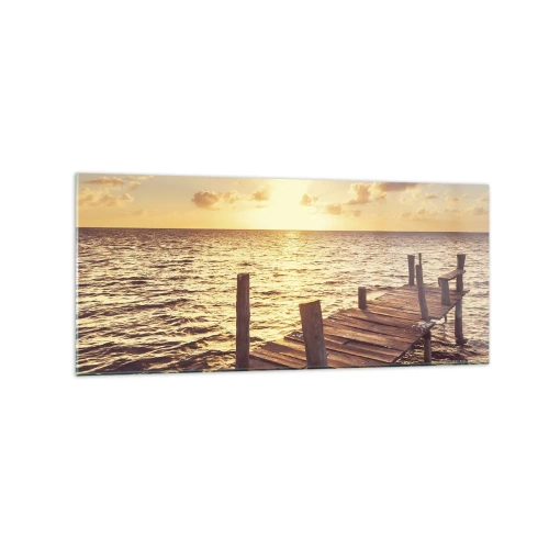 Cuadro sobre vidrio - Impresiones sobre Vidrio - Un embarcadero de madera que conduce hacia la puesta del sol. - 120x50cm - Una tierra dorada de dulzura - Decoración de pared moderna para salón y dormitorio ARTTOR