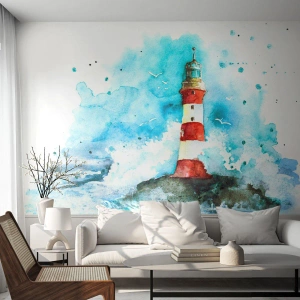 Fotomural Premium Canvas - Un faro en un entorno de acuarela con un fondo azul. - 100x70cm - La unidad de los elementos - Decoración de pared moderna para salón y dormitorio ARTTOR